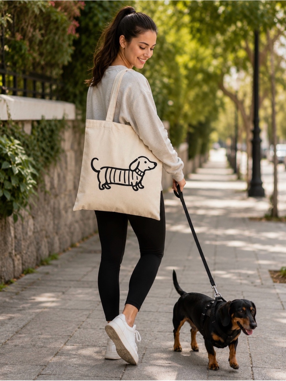 Natural Canvas Tote Bag with Black Dachshund Graphic